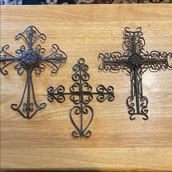 Elegant Brown Wrought Iron Wall Cross Set of 3- w/scrolls & flowers - Picture 1 of 9